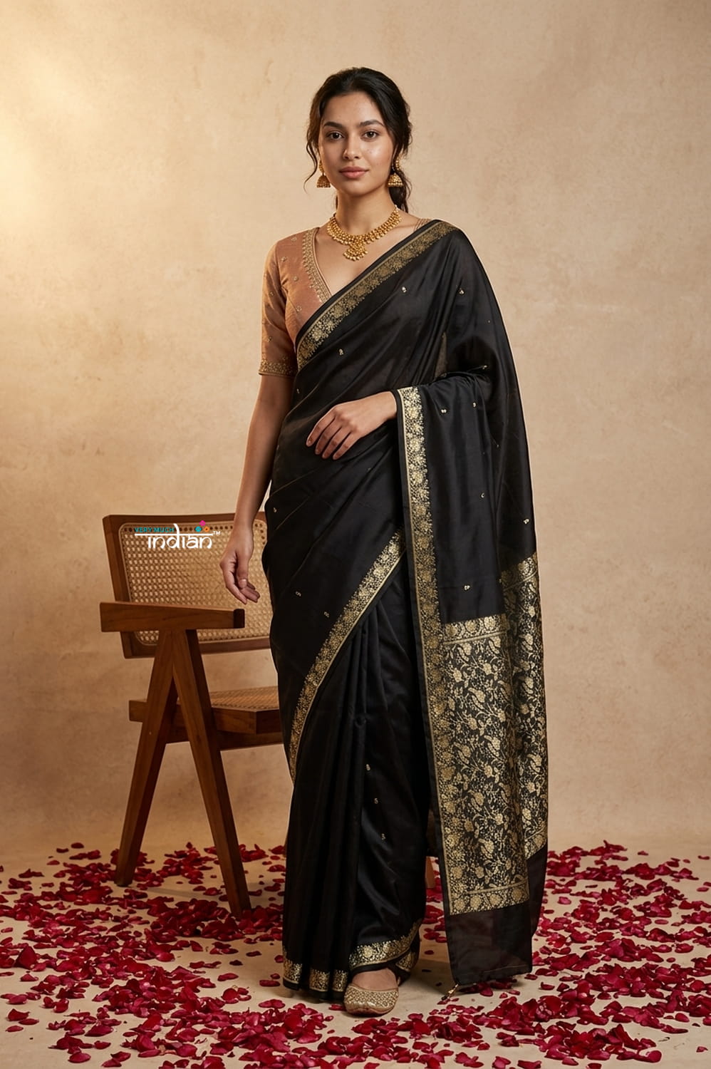 Ganga Ghat ~ Banarasi Handwoven Pure Soft Katan Silk Saree In Black - verymuchindian.com