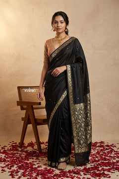 Ganga Ghat ~ Banarasi Handwoven Pure Soft Katan Silk Saree In Black - verymuchindian.com