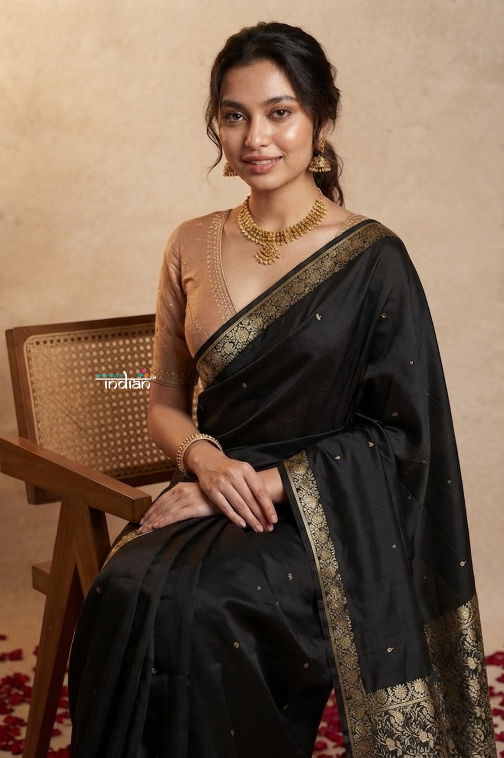 Ganga Ghat ~ Banarasi Handwoven Pure Soft Katan Silk Saree In Black - verymuchindian.com