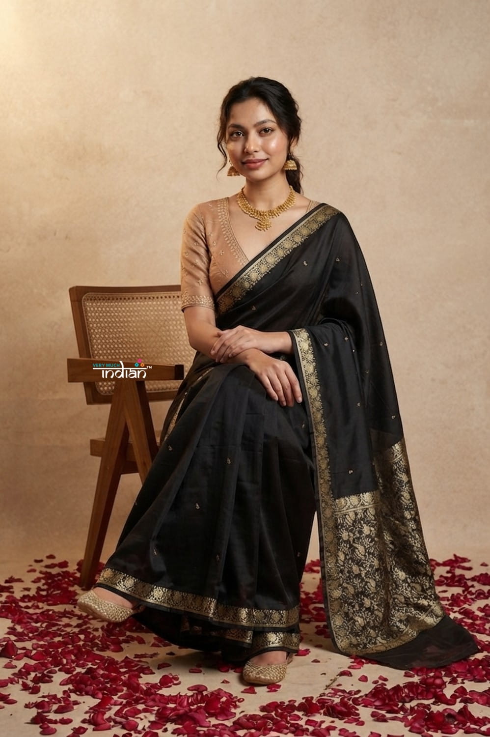 Ganga Ghat ~ Banarasi Handwoven Pure Soft Katan Silk Saree In Black - verymuchindian.com