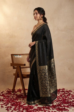 Ganga Ghat ~ Banarasi Handwoven Pure Soft Katan Silk Saree In Black - verymuchindian.com