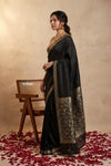 Ganga Ghat ~ Banarasi Handwoven Pure Soft Katan Silk Saree In Black - verymuchindian.com