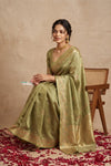Ganga Ghat ~ Banarasi Handwoven Pure Soft Katan Silk Saree In Cyan Green - verymuchindian.com