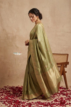 Ganga Ghat ~ Banarasi Handwoven Pure Soft Katan Silk Saree In Cyan Green - verymuchindian.com