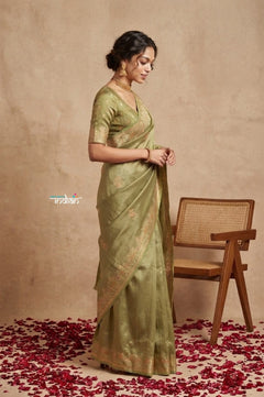 Ganga Ghat ~ Banarasi Handwoven Pure Soft Katan Silk Saree In Cyan Green - verymuchindian.com