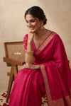 Ganga Ghat ~ Banarasi Handwoven Pure Soft Katan Silk Saree In Cyan Pink - verymuchindian.com