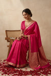 Ganga Ghat ~ Banarasi Handwoven Pure Soft Katan Silk Saree In Cyan Pink - verymuchindian.com