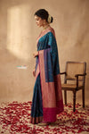 Ganga Ghat ~ Banarasi Handwoven Pure Soft Katan Silk Saree In Dual Tone Blue Pink - verymuchindian.com