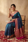 Ganga Ghat ~ Banarasi Handwoven Pure Soft Katan Silk Saree In Dual Tone Blue Pink - verymuchindian.com