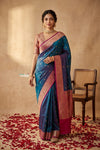 Ganga Ghat ~ Banarasi Handwoven Pure Soft Katan Silk Saree In Dual Tone Blue Pink - verymuchindian.com