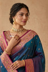 Ganga Ghat ~ Banarasi Handwoven Pure Soft Katan Silk Saree In Dual Tone Blue Pink - verymuchindian.com
