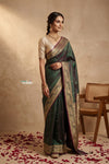 Ganga Ghat ~ Banarasi Handwoven Pure Soft Katan Silk Saree In Dual Tone Green Red - verymuchindian.com