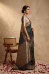Ganga Ghat ~ Banarasi Handwoven Pure Soft Katan Silk Saree In Dual Tone Green Red - verymuchindian.com