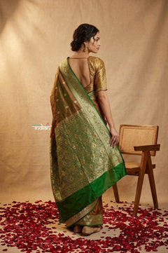 Ganga Ghat ~ Banarasi Handwoven Pure Soft Katan Silk Saree In Dual Tone Red & Green - verymuchindian.com