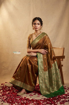 Ganga Ghat ~ Banarasi Handwoven Pure Soft Katan Silk Saree In Dual Tone Red & Green - verymuchindian.com