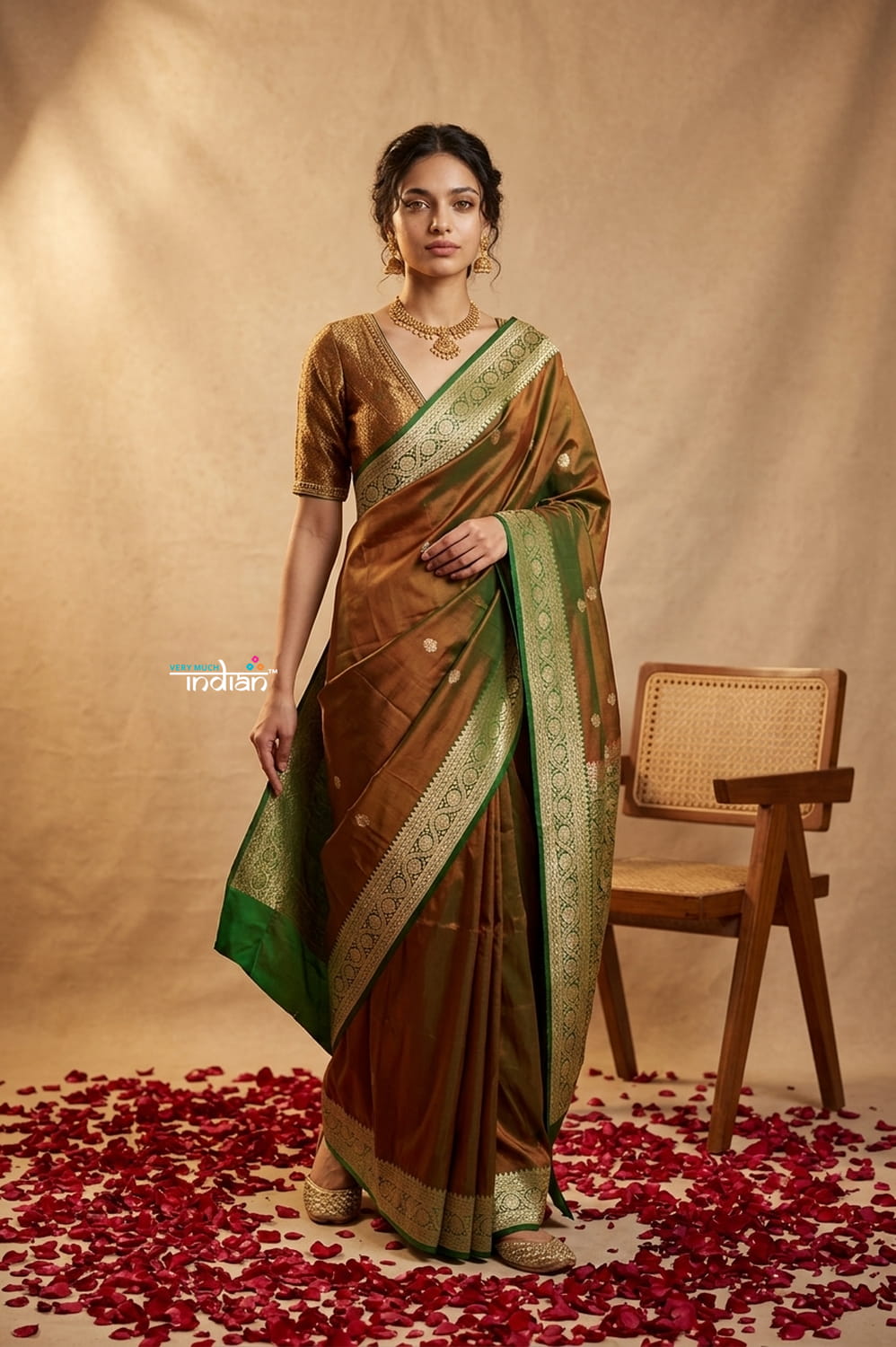 Ganga Ghat ~ Banarasi Handwoven Pure Soft Katan Silk Saree In Dual Tone Red & Green - verymuchindian.com