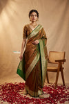 Ganga Ghat ~ Banarasi Handwoven Pure Soft Katan Silk Saree In Dual Tone Red & Green - verymuchindian.com