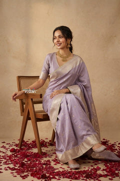 Ganga Ghat ~ Banarasi Handwoven Pure Soft Katan Silk Saree In Lilac - verymuchindian.com