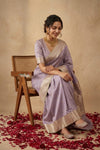 Ganga Ghat ~ Banarasi Handwoven Pure Soft Katan Silk Saree In Lilac - verymuchindian.com