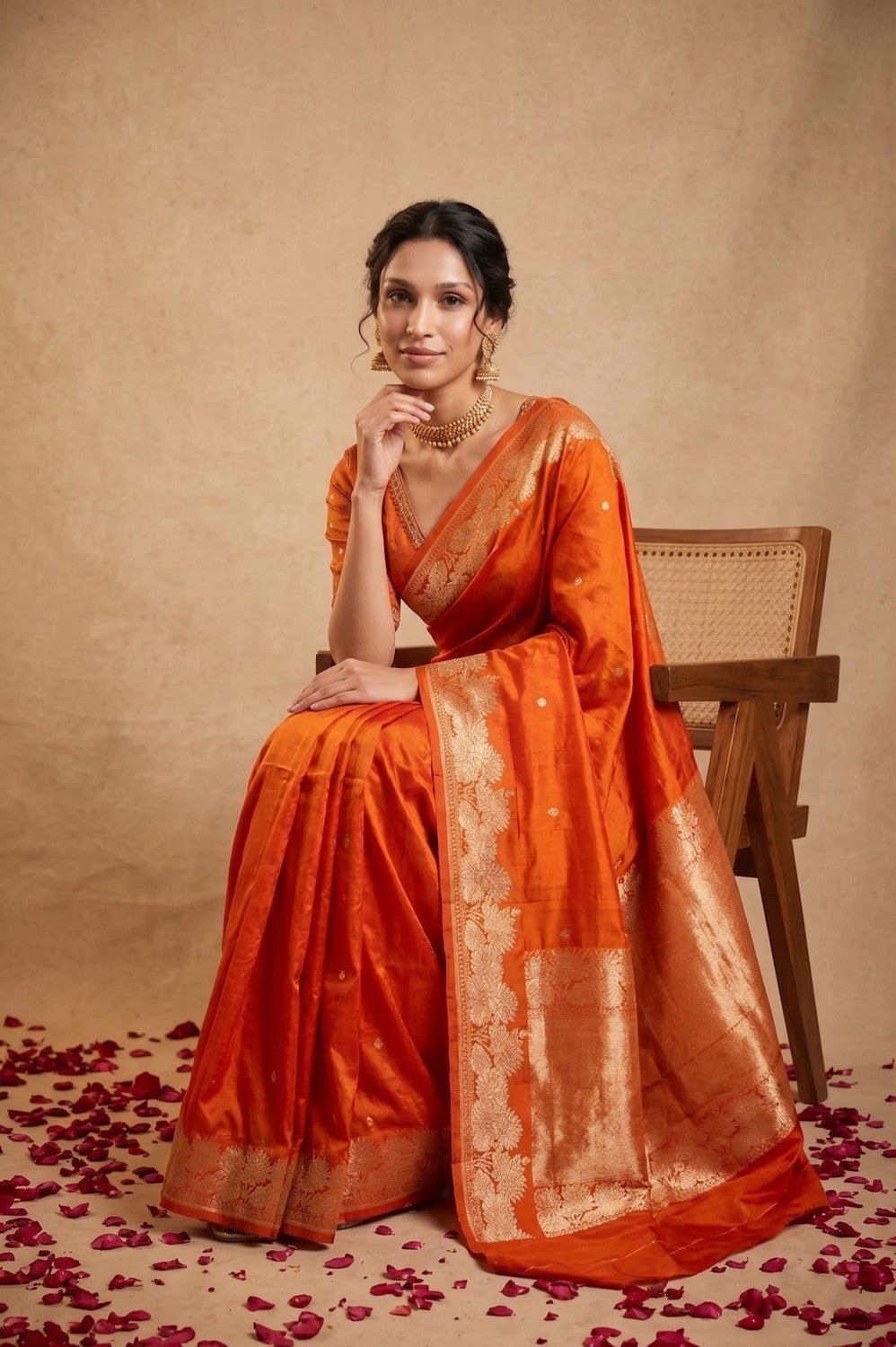 Ganga Ghat ~ Banarasi Handwoven Pure Soft Katan Silk Saree In Orange - verymuchindian.com