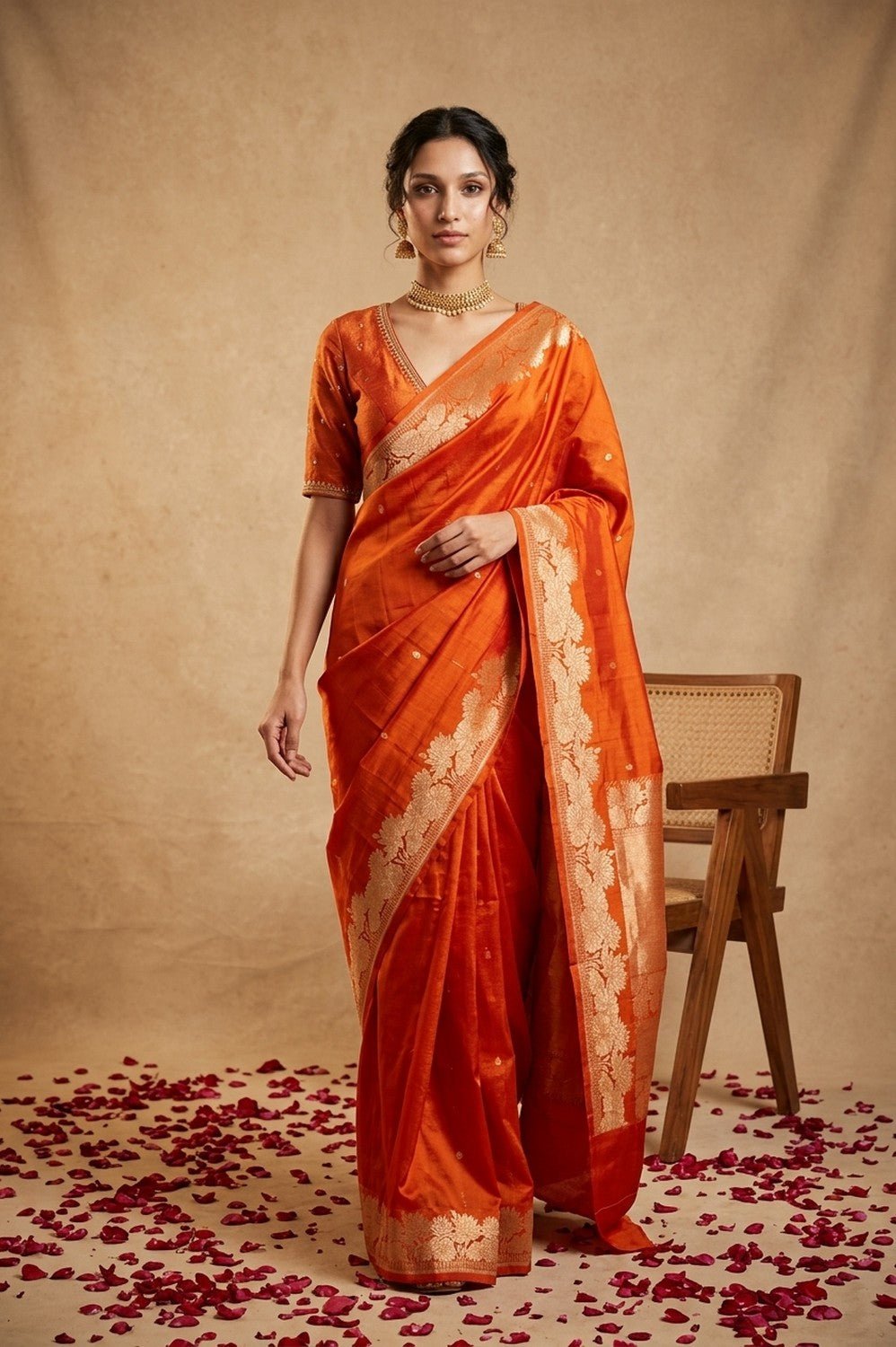 Ganga Ghat ~ Banarasi Handwoven Pure Soft Katan Silk Saree In Orange - verymuchindian.com