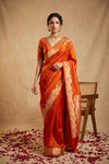 Ganga Ghat ~ Banarasi Handwoven Pure Soft Katan Silk Saree In Orange - verymuchindian.com