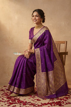 Ganga Ghat ~ Banarasi Handwoven Pure Soft Katan Silk Saree In Purple - verymuchindian.com