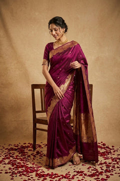Ganga Ghat ~ Banarasi Handwoven Pure Soft Katan Silk Saree In Purple - verymuchindian.com