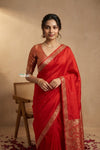 Ganga Ghat ~ Banarasi Handwoven Pure Soft Katan Silk Saree In Red - verymuchindian.com