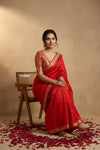 Ganga Ghat ~ Banarasi Handwoven Pure Soft Katan Silk Saree In Red - verymuchindian.com