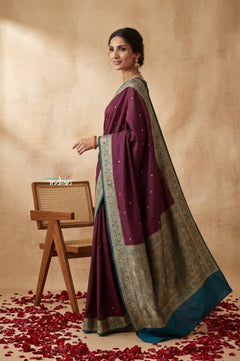 Ganga Ghat ~ Banarasi Handwoven Pure Soft Katan Silk Saree In Rose Maroon & Blue - verymuchindian.com