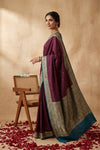 Ganga Ghat ~ Banarasi Handwoven Pure Soft Katan Silk Saree In Rose Maroon & Blue - verymuchindian.com