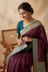 Ganga Ghat ~ Banarasi Handwoven Pure Soft Katan Silk Saree In Rose Maroon & Blue - verymuchindian.com