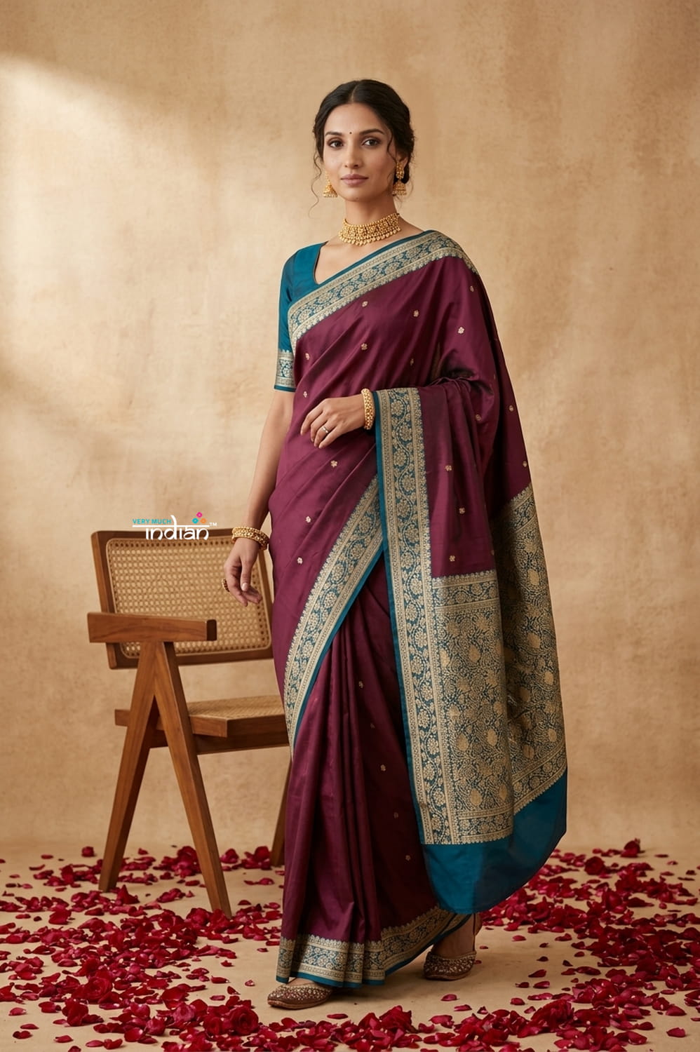 Ganga Ghat ~ Banarasi Handwoven Pure Soft Katan Silk Saree In Rose Maroon & Blue - verymuchindian.com