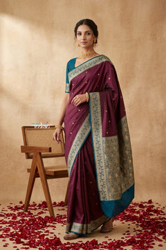 Ganga Ghat ~ Banarasi Handwoven Pure Soft Katan Silk Saree In Rose Maroon & Blue - verymuchindian.com