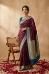 Ganga Ghat ~ Banarasi Handwoven Pure Soft Katan Silk Saree In Rose Maroon & Blue - verymuchindian.com