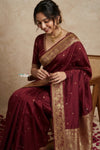 Ganga Ghat ~ Banarasi Handwoven Pure Soft Katan Silk Saree In Royal Red - verymuchindian.com