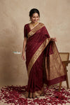 Ganga Ghat ~ Banarasi Handwoven Pure Soft Katan Silk Saree In Royal Red - verymuchindian.com