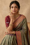 Ganga Ghat ~ Banarasi Handwoven Pure Soft Katan Silk Saree In Sage Green - verymuchindian.com