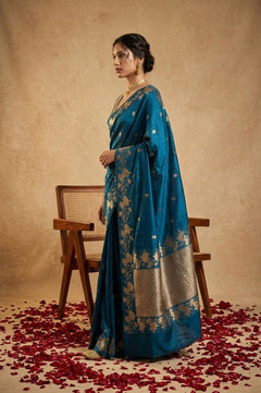 Ganga Ghat ~ Banarasi Handwoven Pure Soft Katan Silk Saree In Teal Blue - verymuchindian.com