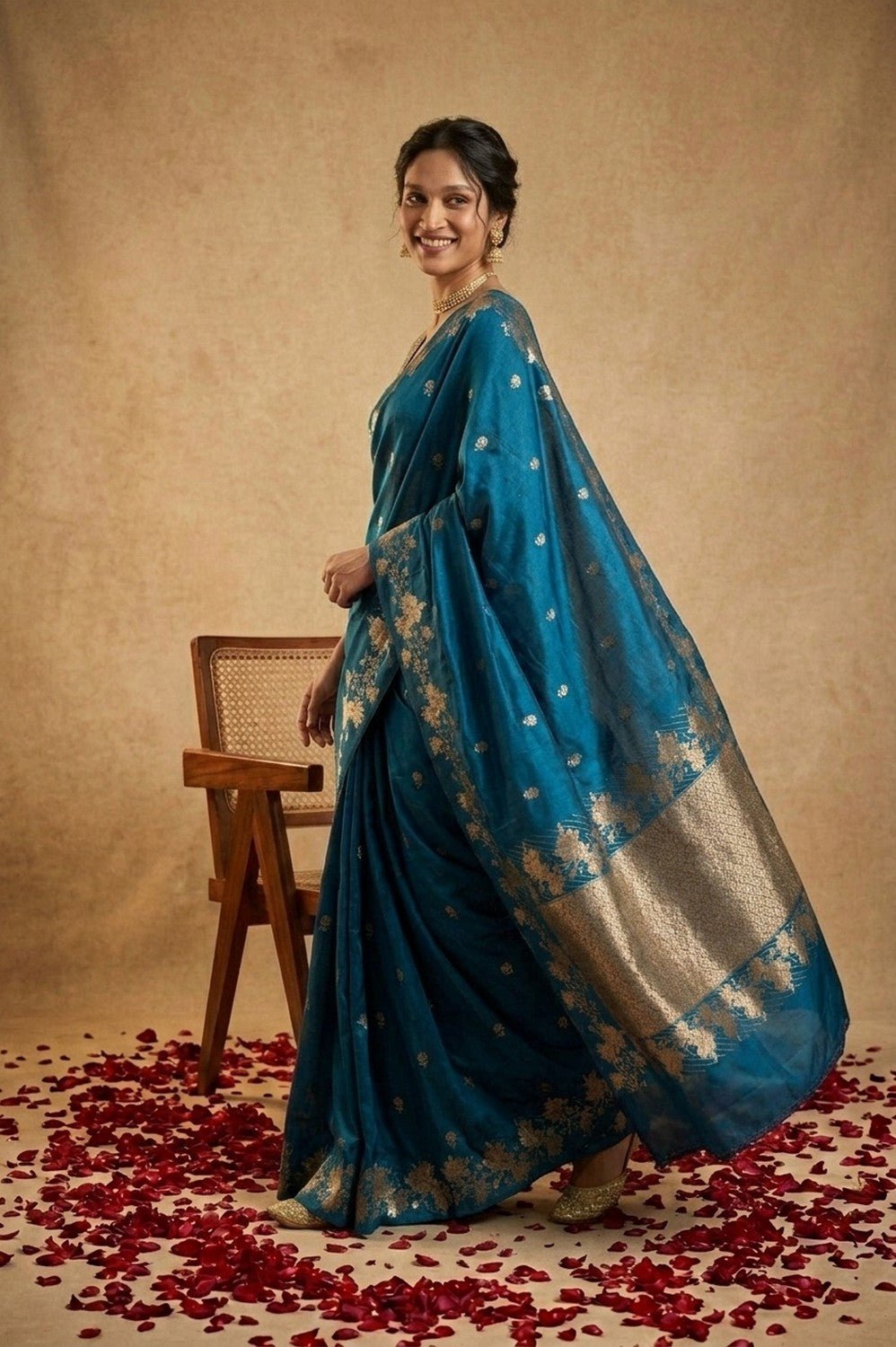 Ganga Ghat ~ Banarasi Handwoven Pure Soft Katan Silk Saree In Teal Blue - verymuchindian.com
