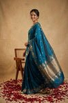 Ganga Ghat ~ Banarasi Handwoven Pure Soft Katan Silk Saree In Teal Blue - verymuchindian.com