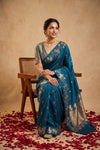 Ganga Ghat ~ Banarasi Handwoven Pure Soft Katan Silk Saree In Teal Blue - verymuchindian.com