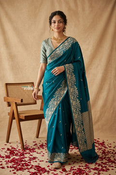 Ganga Ghat ~ Banarasi Handwoven Soft Katan Silk Saree In Peacock Teal - verymuchindian.com