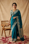 Ganga Ghat ~ Banarasi Handwoven Soft Katan Silk Saree In Peacock Teal - verymuchindian.com