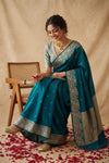 Ganga Ghat ~ Banarasi Handwoven Soft Katan Silk Saree In Peacock Teal - verymuchindian.com