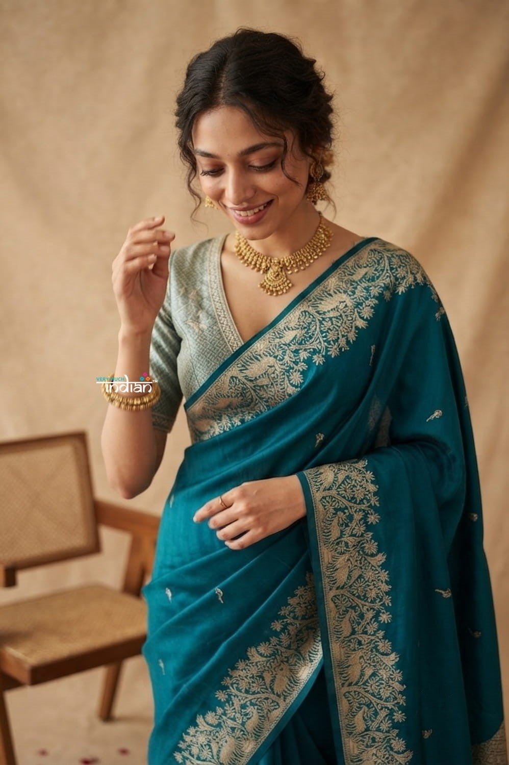Ganga Ghat ~ Banarasi Handwoven Soft Katan Silk Saree In Peacock Teal - verymuchindian.com