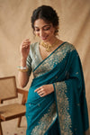 Ganga Ghat ~ Banarasi Handwoven Soft Katan Silk Saree In Peacock Teal - verymuchindian.com