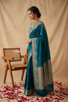 Ganga Ghat ~ Banarasi Handwoven Soft Katan Silk Saree In Peacock Teal - verymuchindian.com