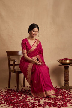 Ganga Ghat ~ Banarasi Handwoven Soft Katan Silk Saree In Rani Pink - verymuchindian.com